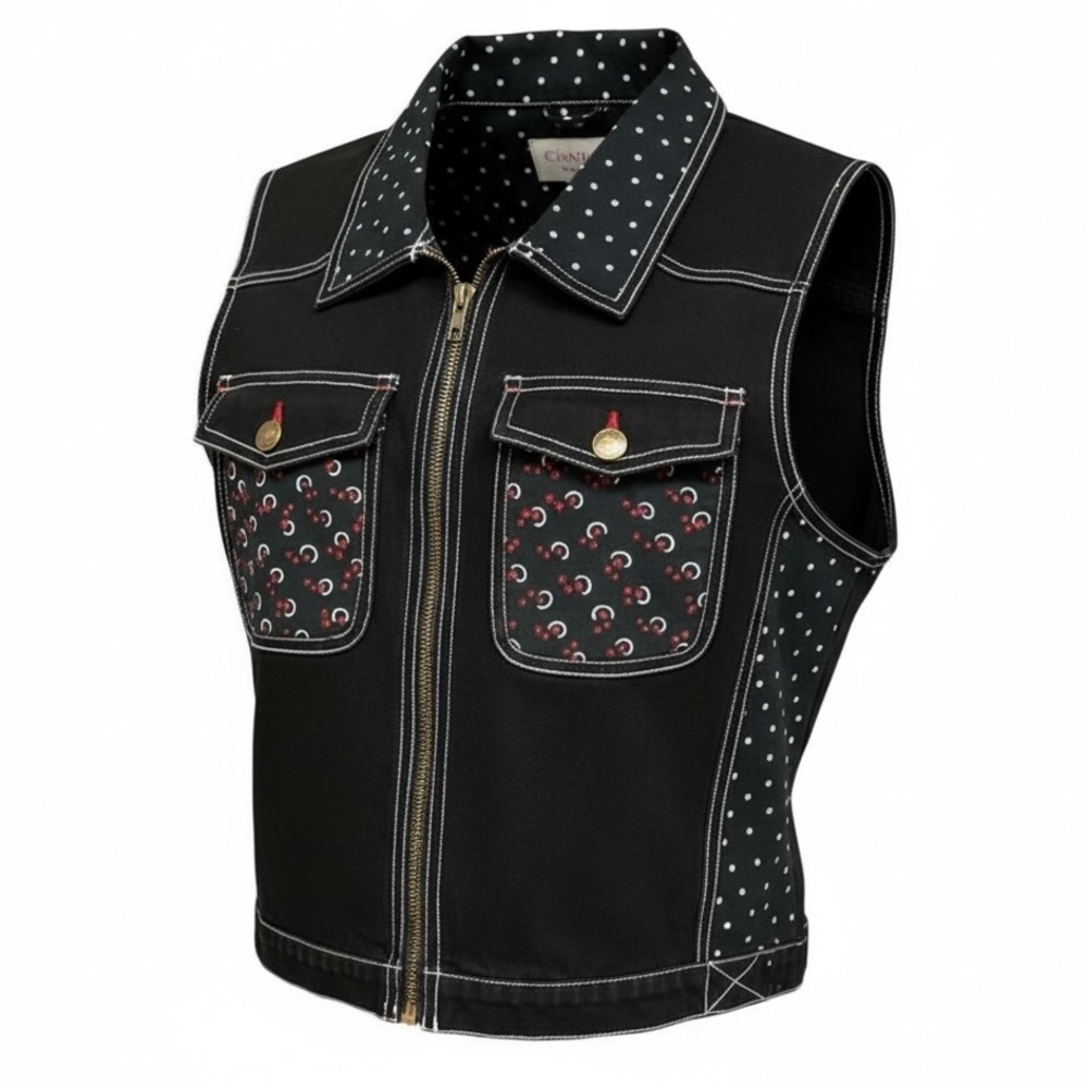 Carole Little Sport Black Zip Vest XL Star Moon Western Denim Style Vintage